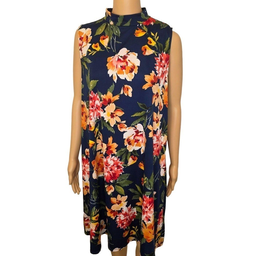 Tiana B Navy Blue Mock Neck Knee Length Sleeveless Floral Dress 1X - Picture 10 of 11
